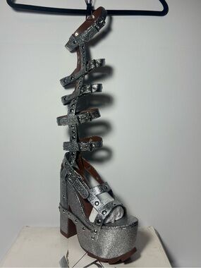 YRU ROCKER FASHION PLATFORM VEGI LEATHER FETISH NIGHTCALL HI SILVER SHOES SANDAL